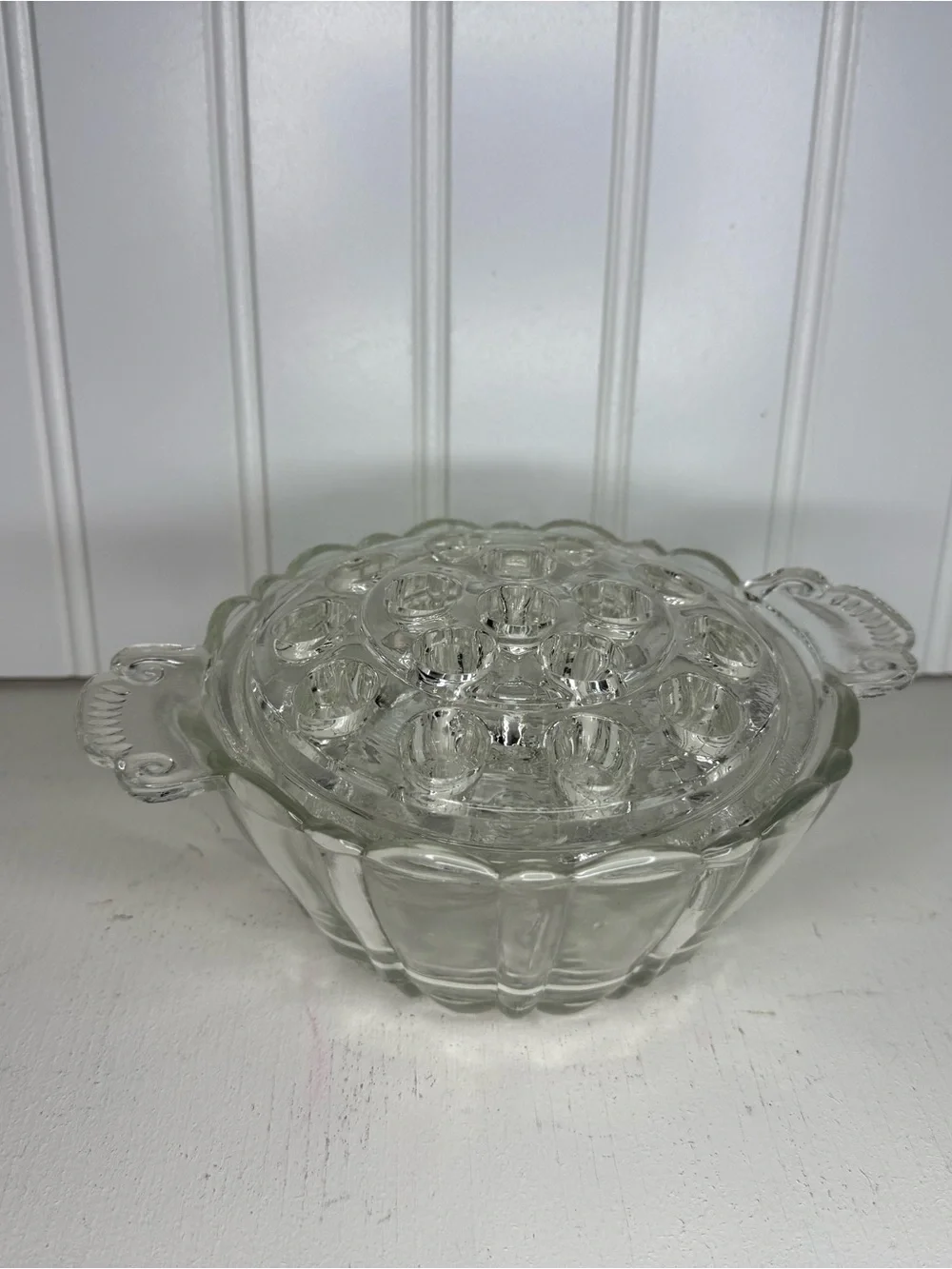 Vintage Anchor Hocking Old Cafe 16 hole clear glass Flower Frog bowl, circa 1930